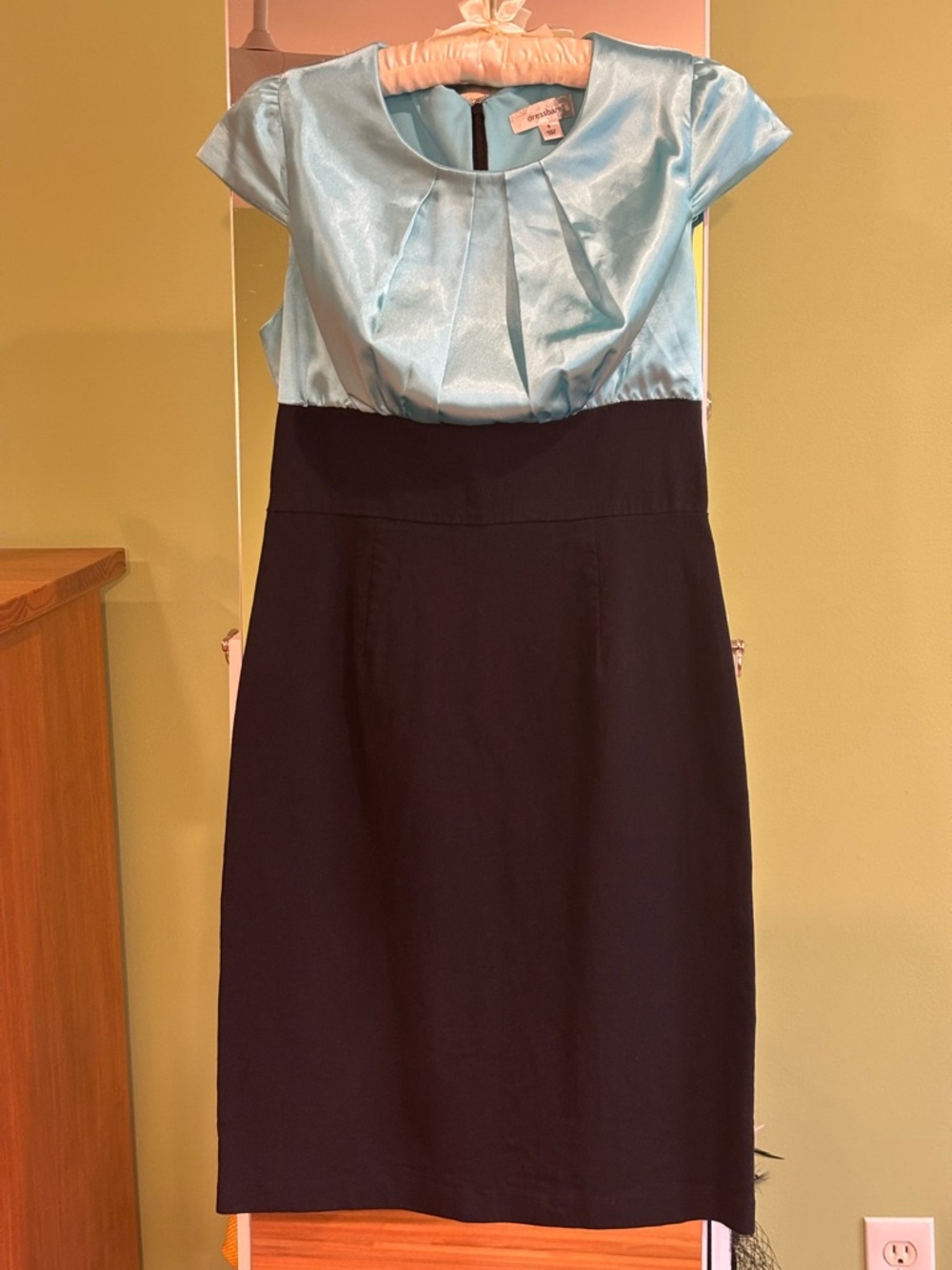 Two-Tone Aqua Satin and Black Pencil Dress